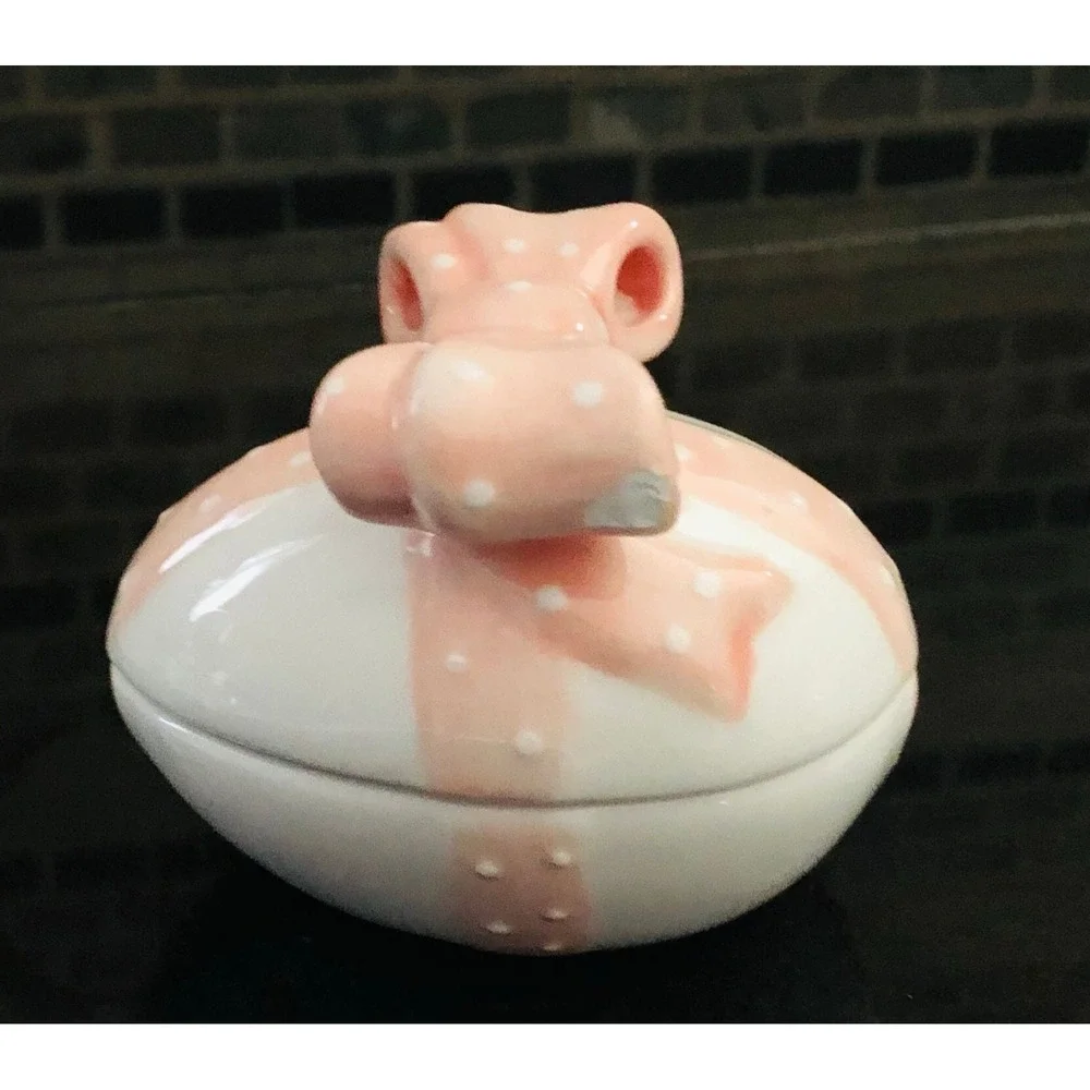 Jay Willfred Andrea by‎ Sadek Egg Trinket Box Pink White & Polka Dot Bow Vintage